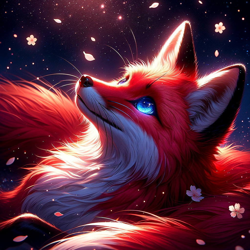Vibrant fox with blue eyes amidst drifting petals