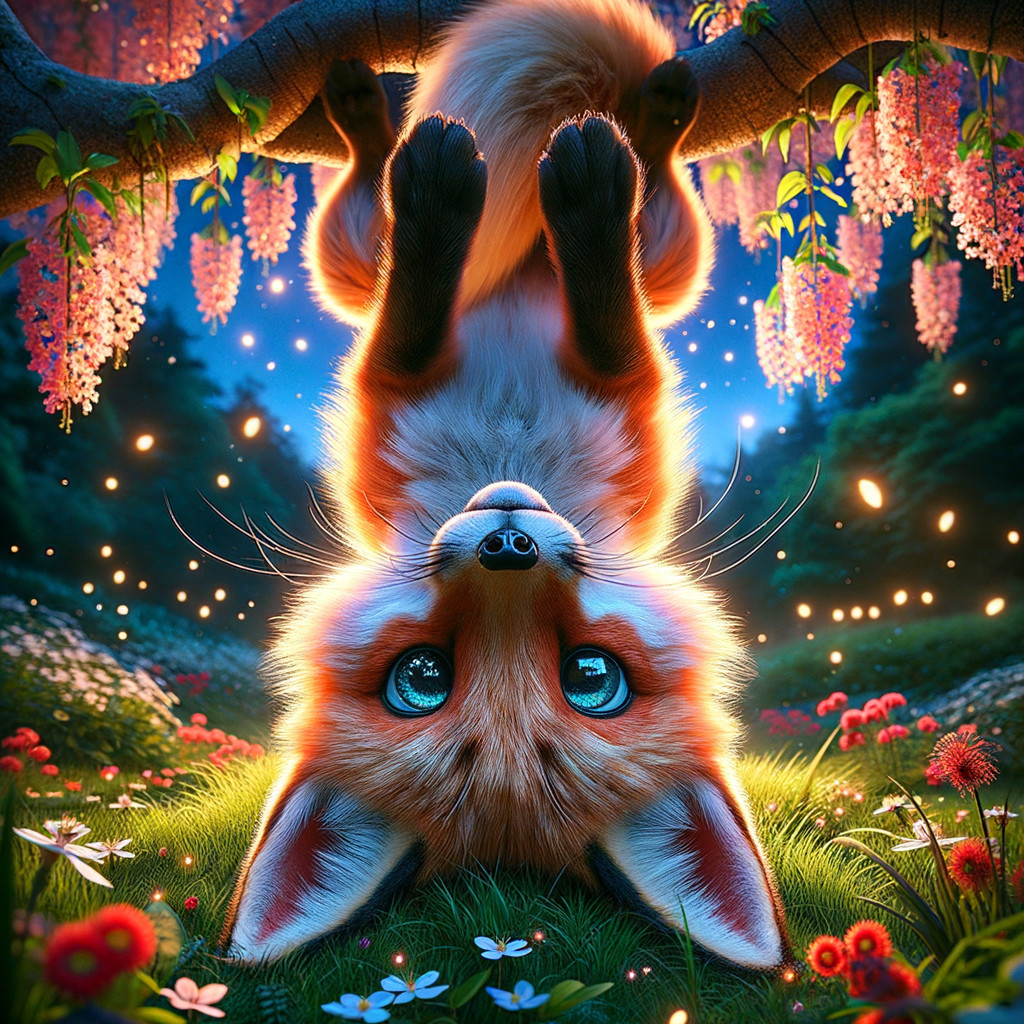 Whimsical Fox Hanging Upside Down in Enchanted Nature
