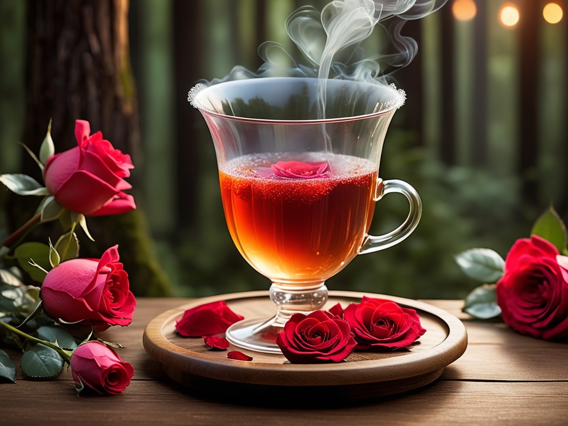 Aromatic tea with rose petals in a serene forest setting