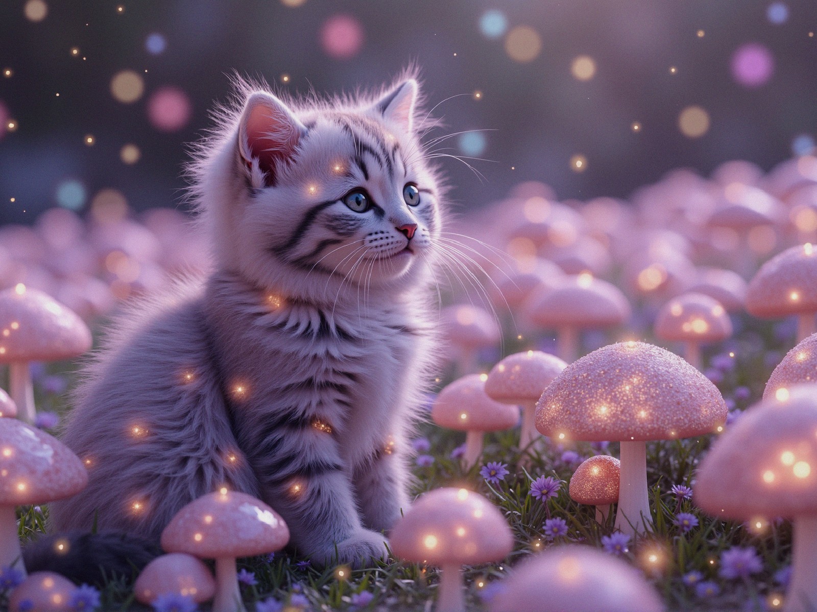 Fluffy Gray Kitten in Whimsical Mushroom Landscape
