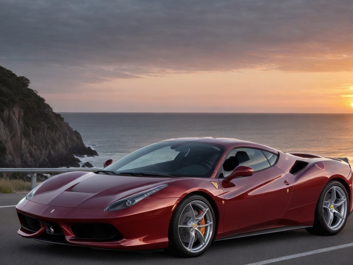 Red Sports Car on Scenic Coastal Road at Sunset