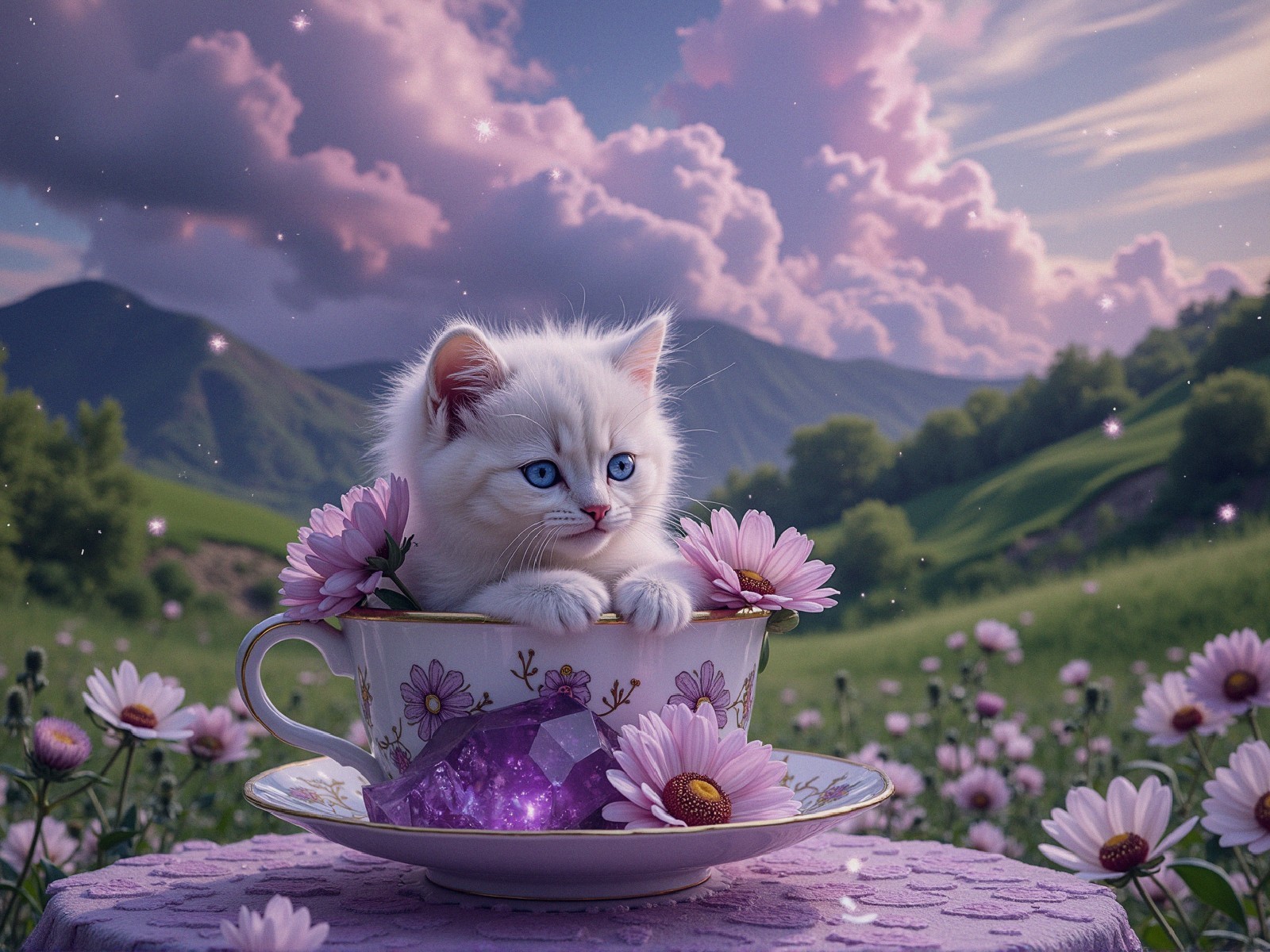 Fluffy White Kitten in Floral Teacup on Meadow
