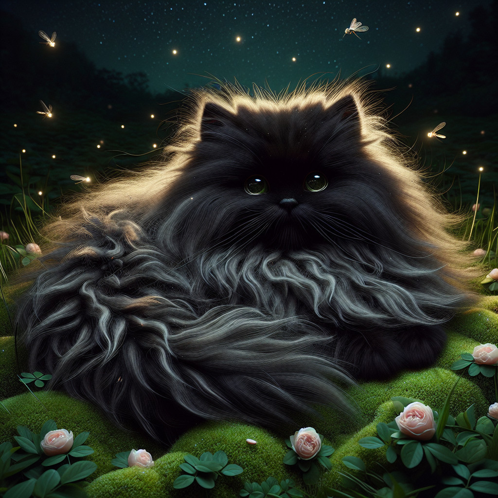 Black Cat in Serene Night Landscape with Flowers