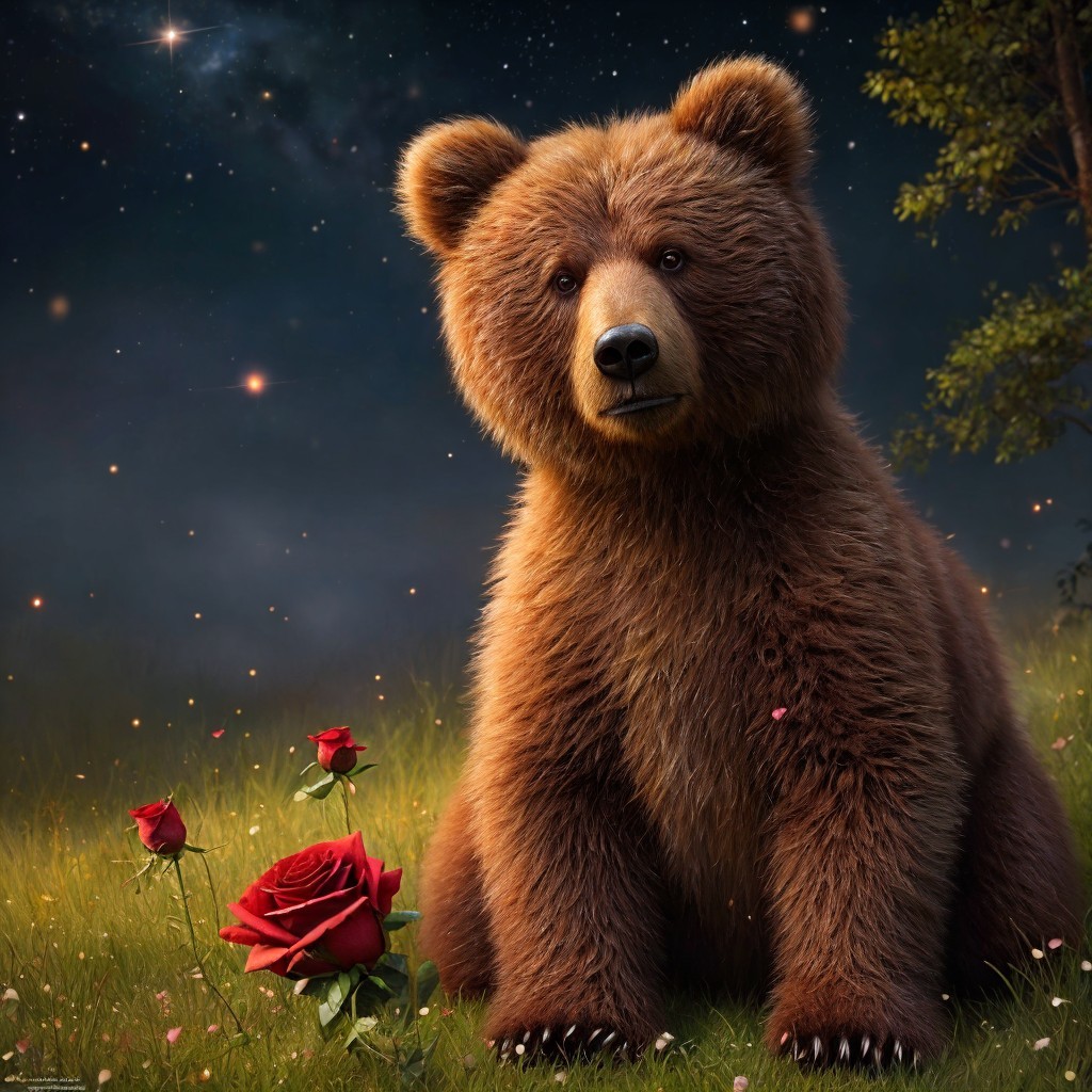 Realistic Brown Bear in Serene Meadow with Roses