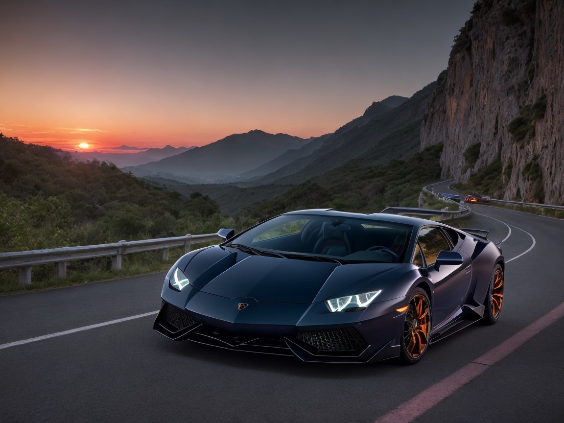 Dark Blue Lamborghini Aventador at Sunset on Road
