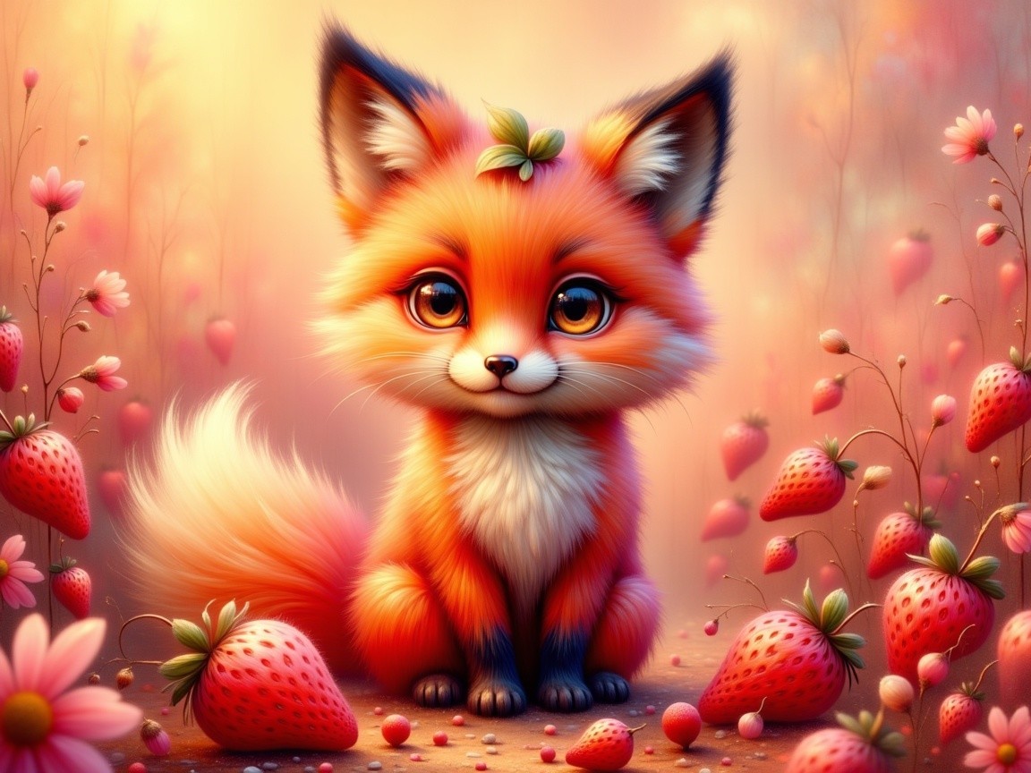 Fox in a Strawberry Field with Flowers and Leaf