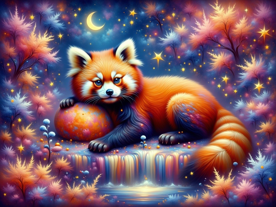 Whimsical Red Panda with Colorful Egg in Dreamy Scene