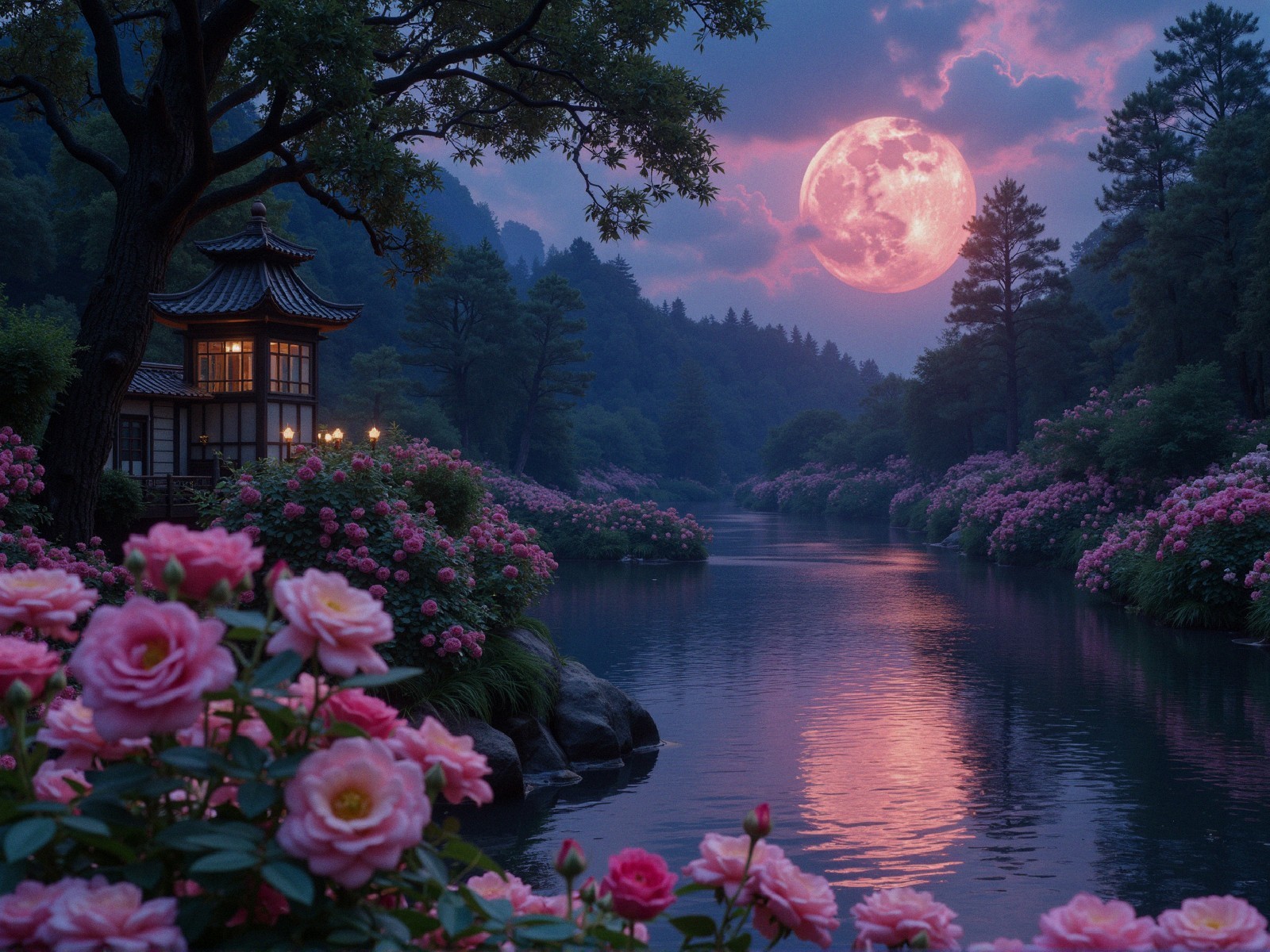 Tranquil River Landscape with Pink Moon and Pagoda