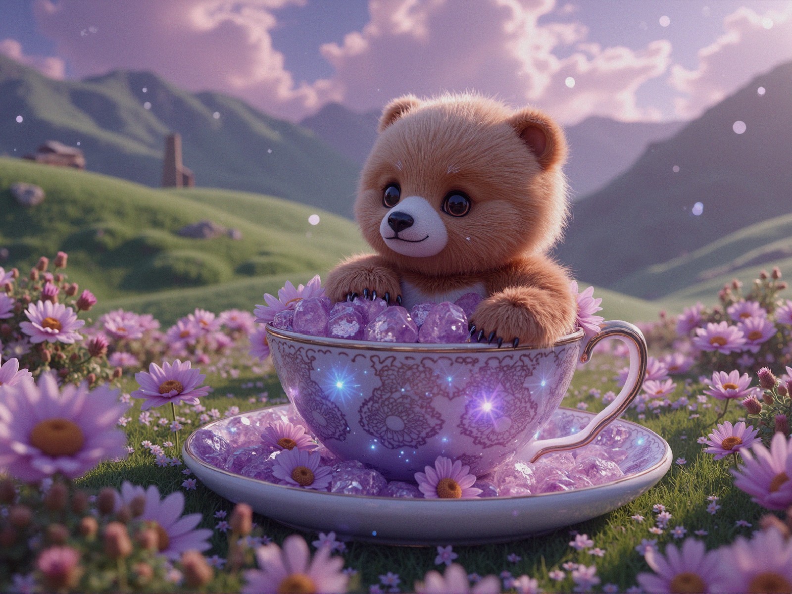 Fluffy bear in teacup among vibrant flowers and mountains