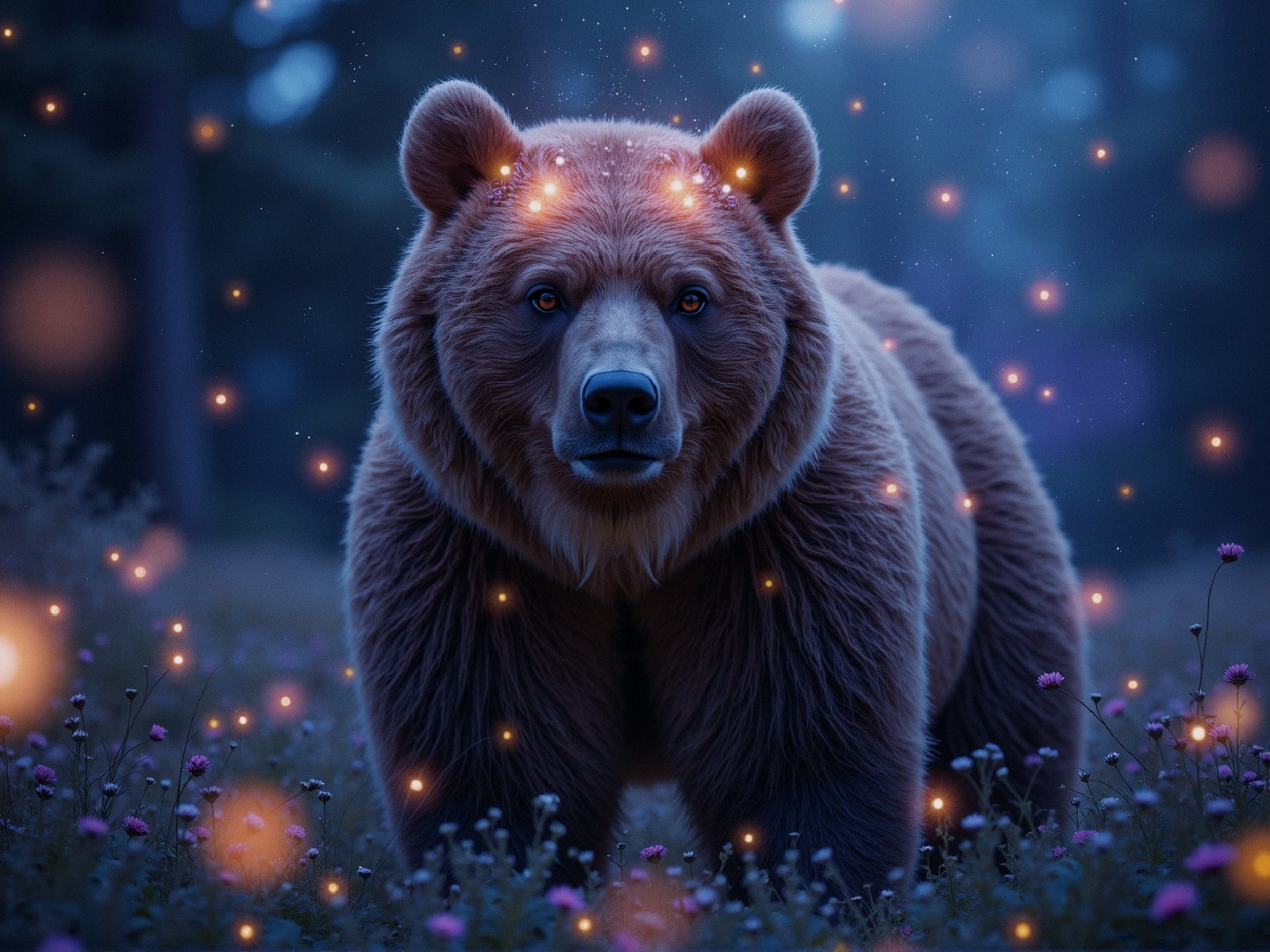 Brown bear in a field of purple flowers under blue sky