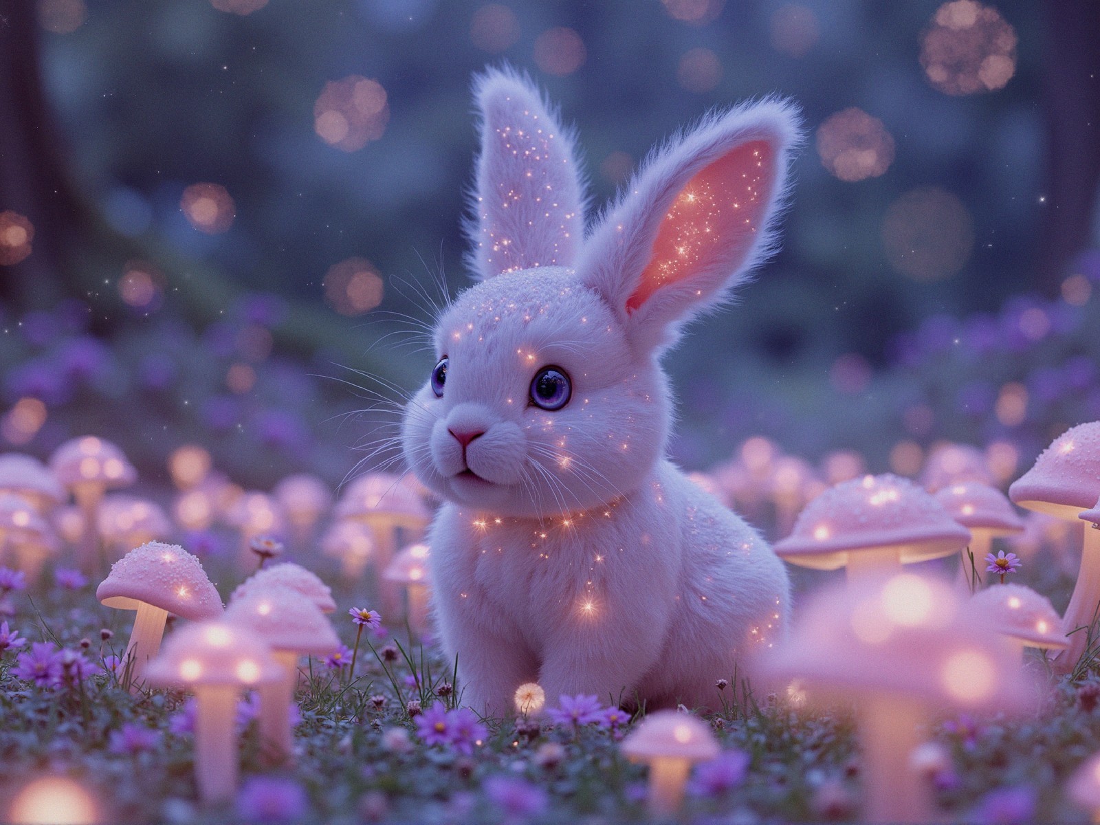Whimsical Forest Scene with Rabbit and Glowing Mushrooms