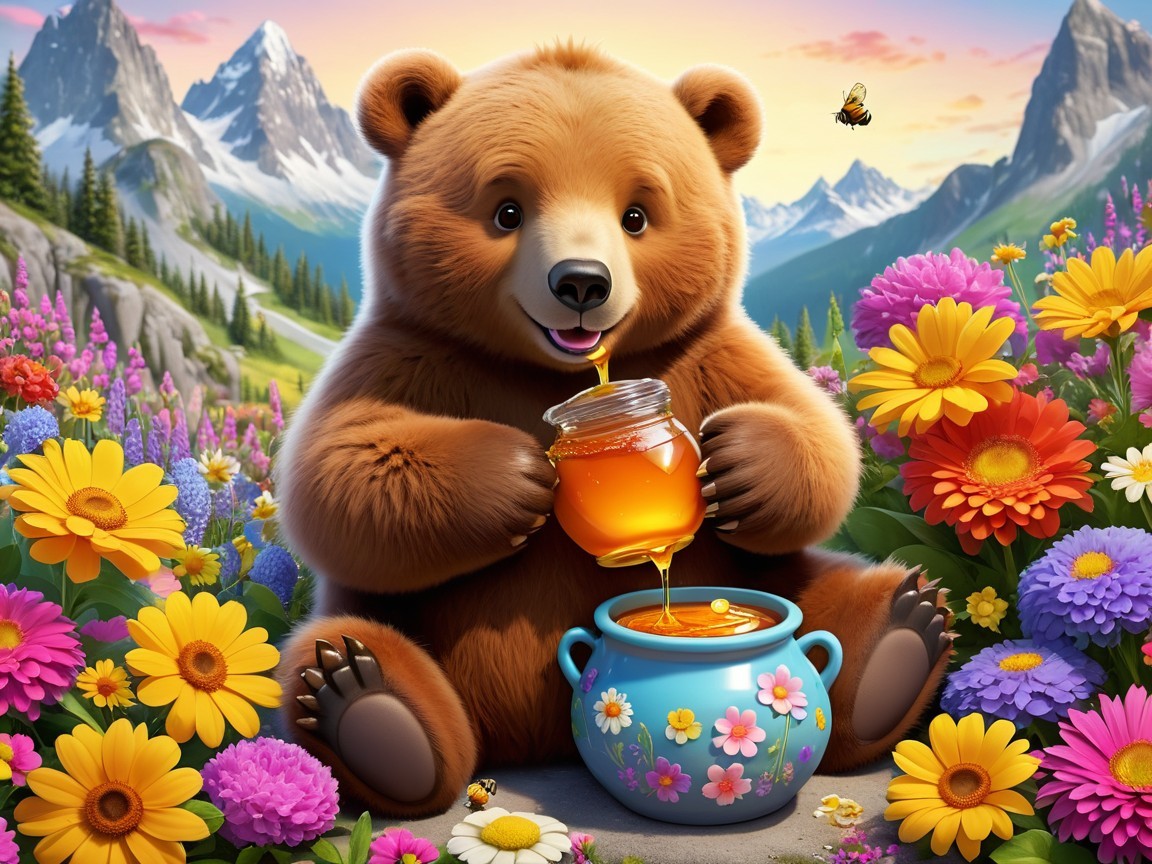 Cheerful bear in a colorful meadow with honey jar