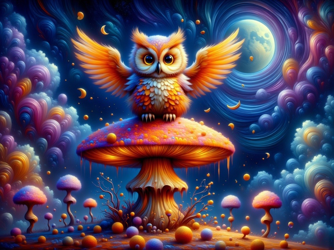 Vibrant Whimsical Landscape with Colorful Owl and Mushrooms