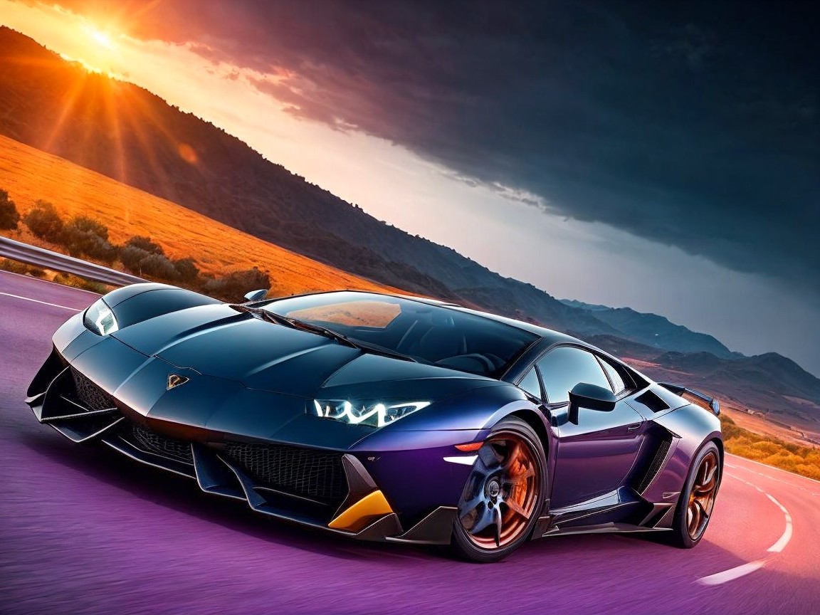 Sleek Sports Car on Winding Road at Sunset