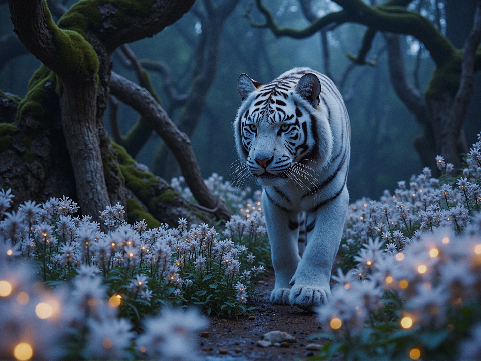White Tiger in Mystical Forest with Glowing Flowers