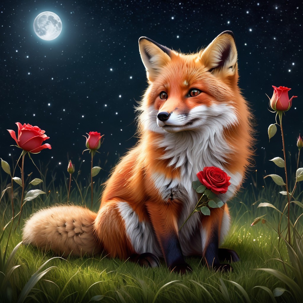 Fox in a Meadow with Roses Under Starry Sky