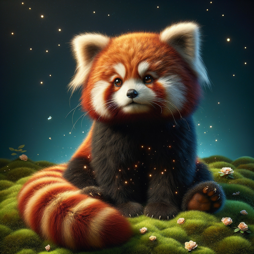 Red panda on green grass with flowers and soft light