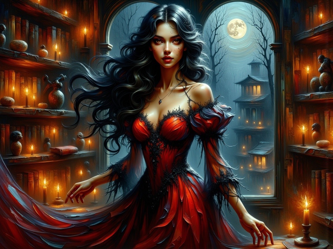 Mysterious Woman in Crimson Gown in Dim Library