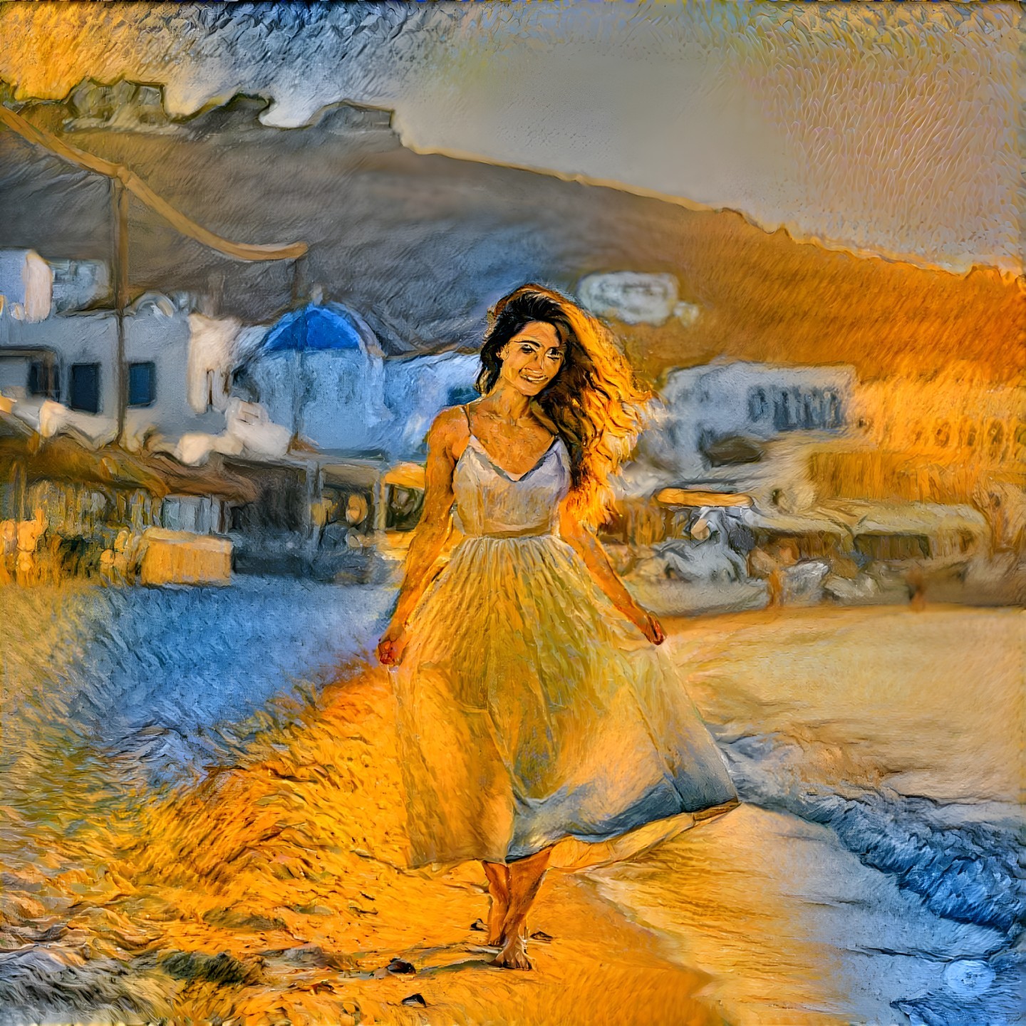 Woman in White Dress on Beach at Sunset with Greek Architecture