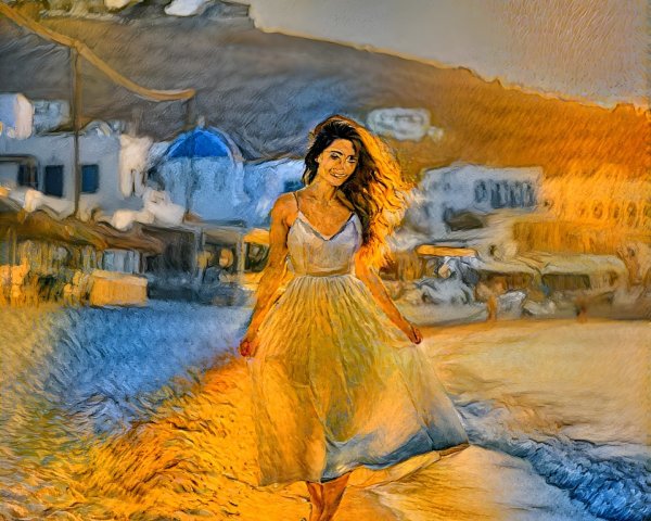 Woman in White Dress on Beach at Sunset with Greek Architecture