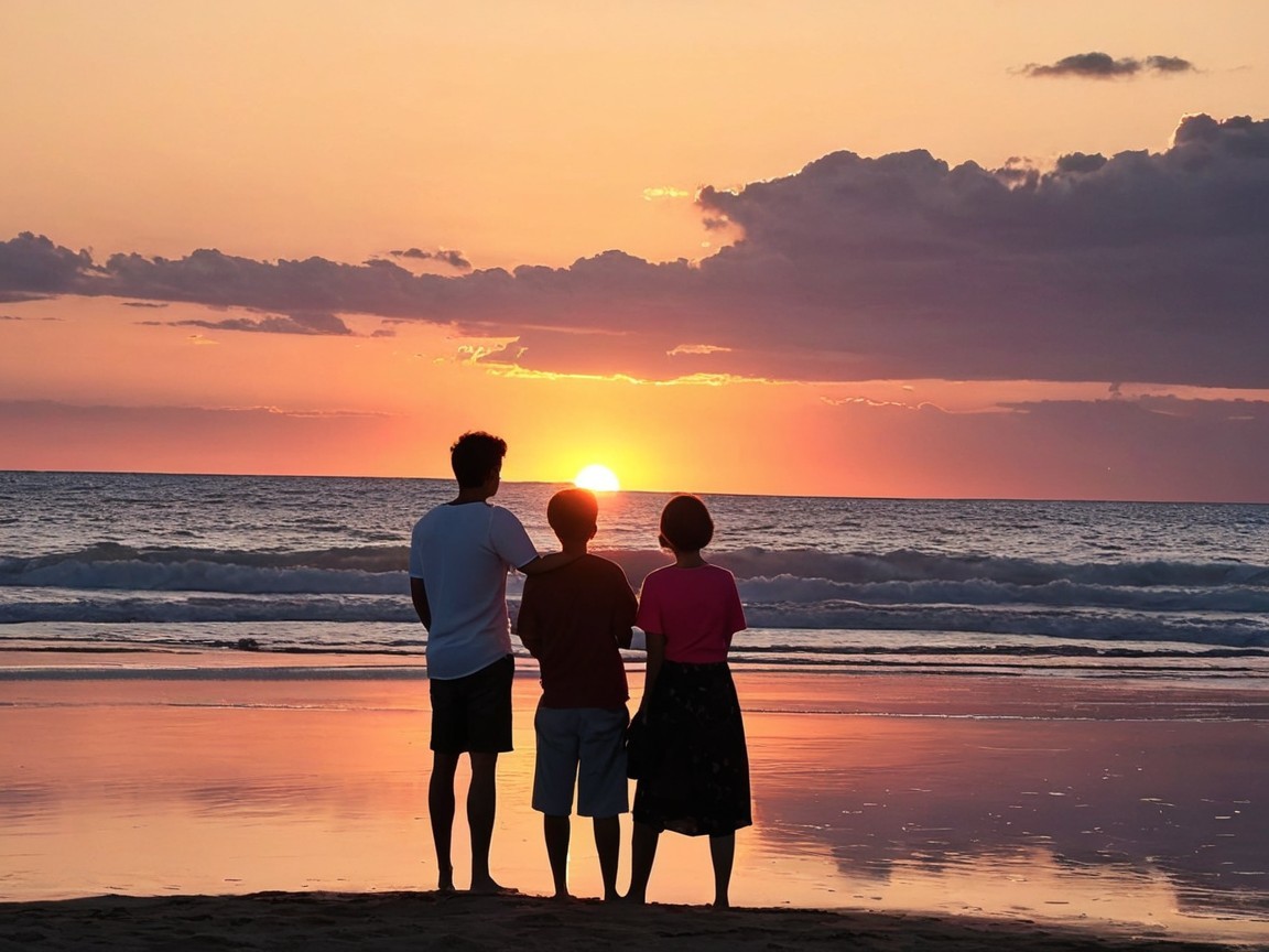 Individuals on Beach at Sunset with Vibrant Sky