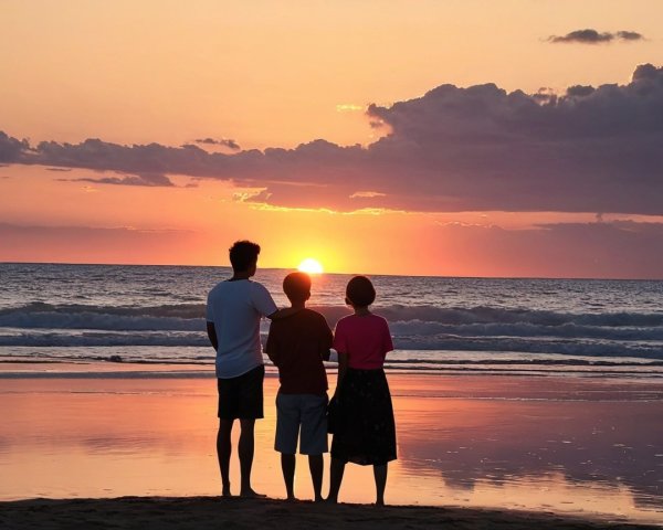 Individuals on Beach at Sunset with Vibrant Sky