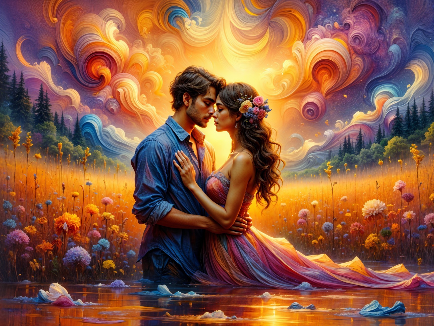 Couple in Dreamlike Landscape Surrounded by Flowers