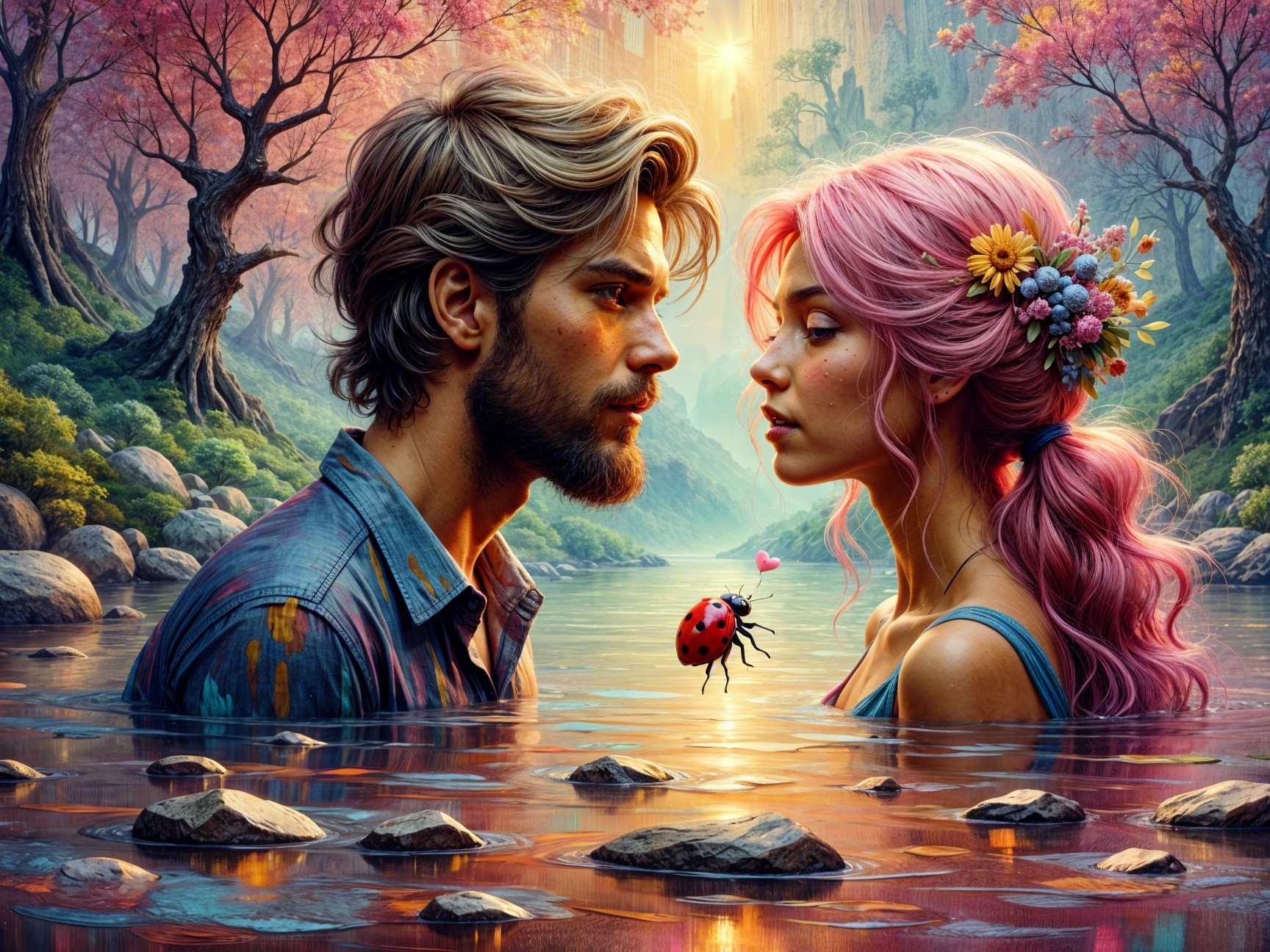 Couple in Tranquil River Surrounded by Nature's Beauty