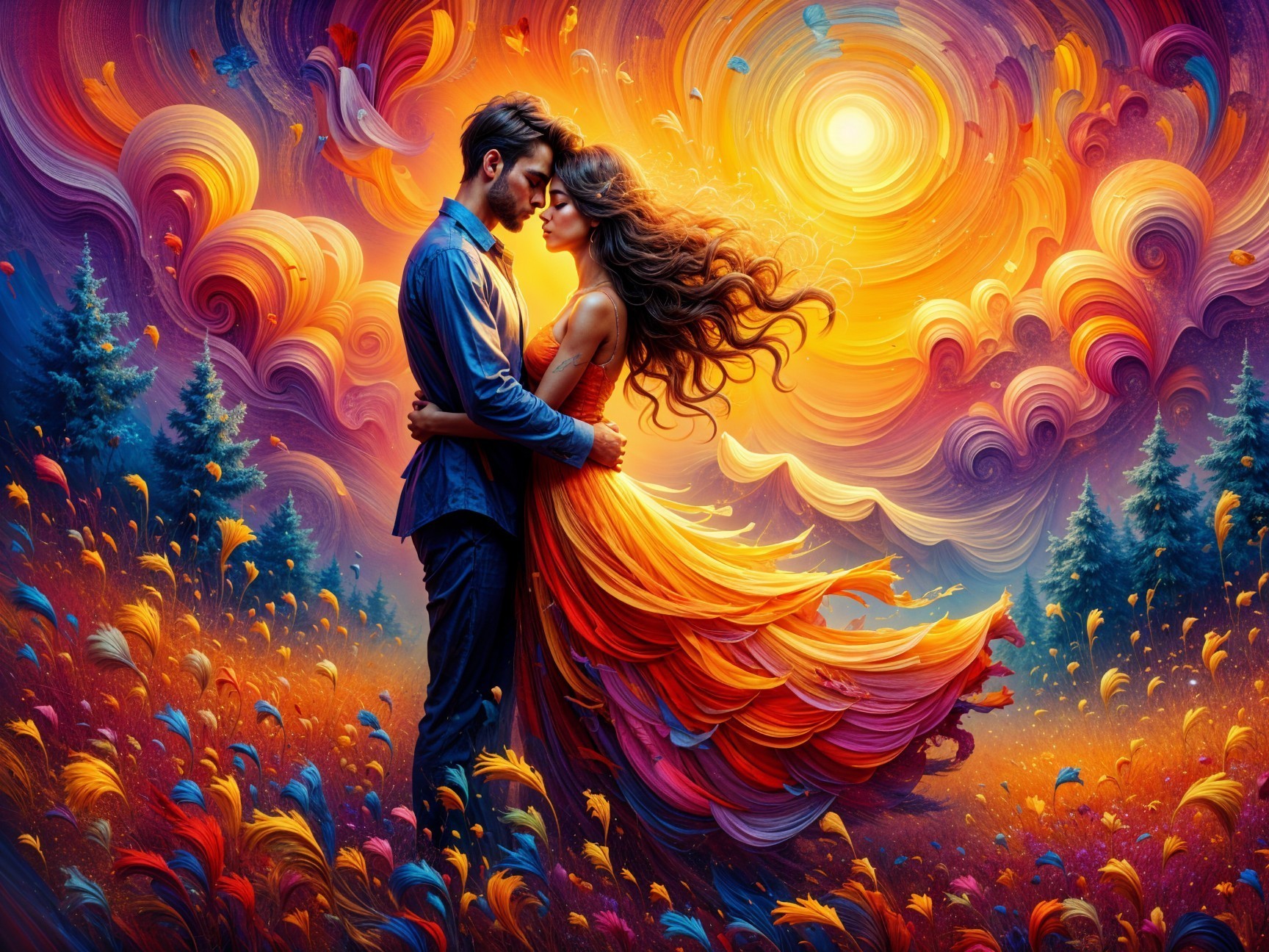 Couple Embracing in a Colorful Floral Landscape