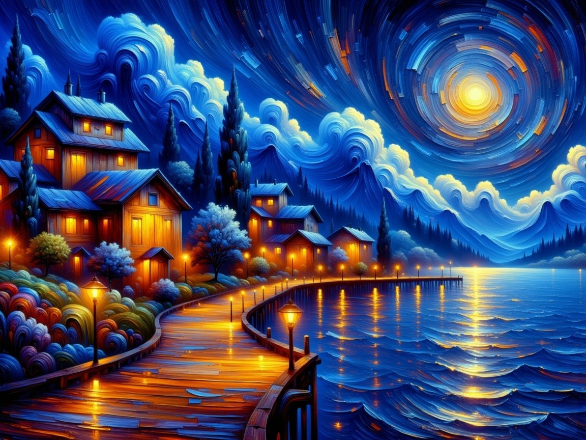 Twilight Scene of Quaint Houses by Waterway