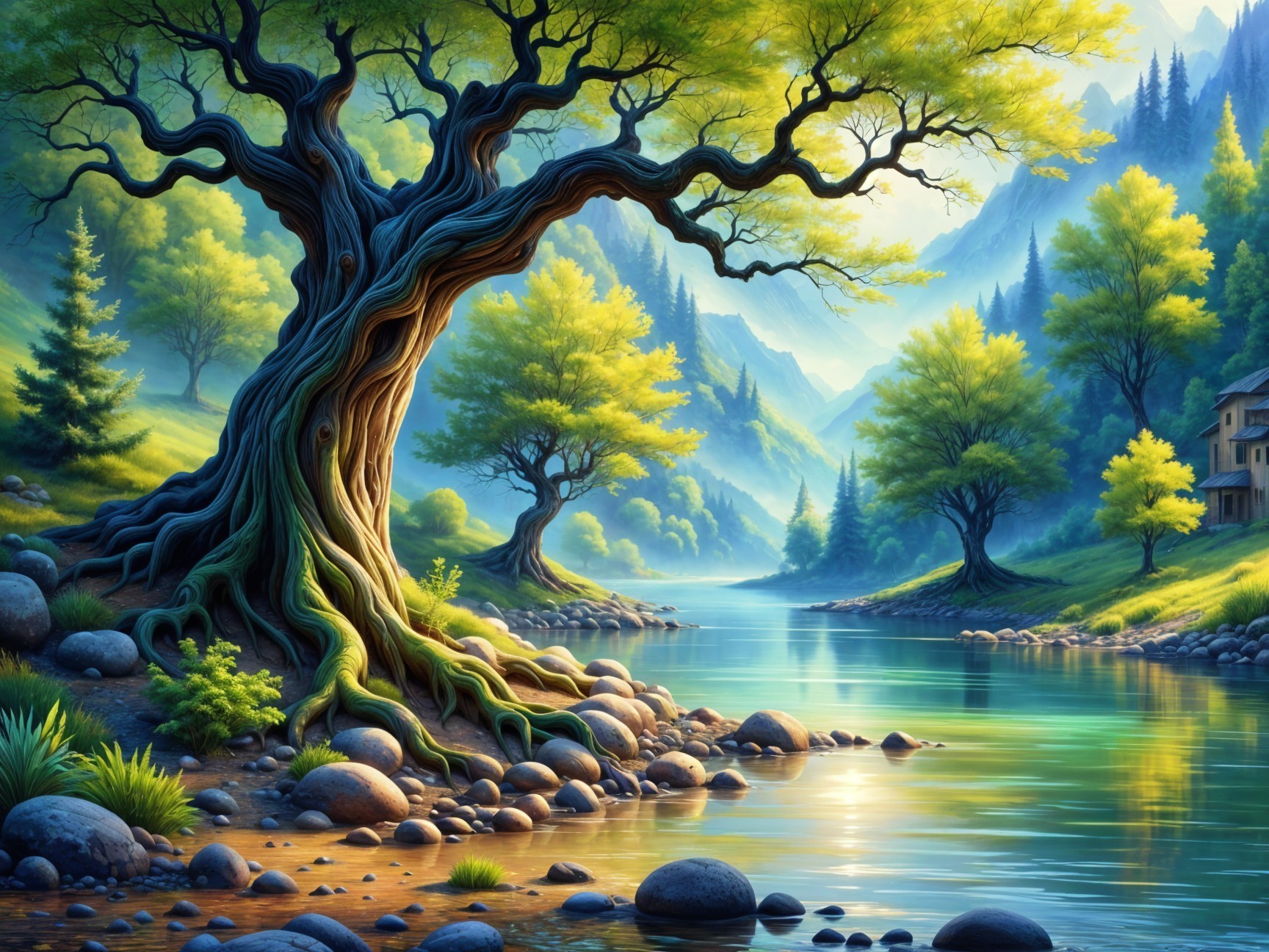 Serene landscape with twisted tree and flowing river