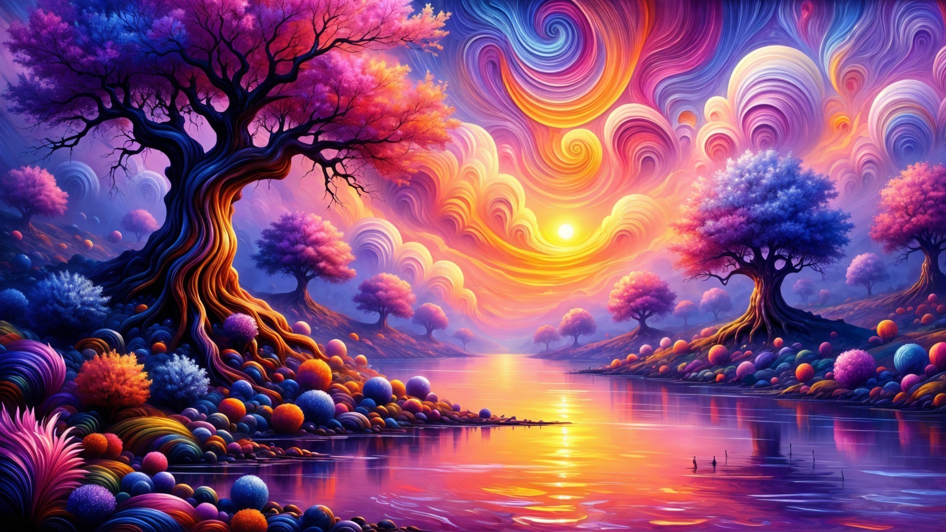 Vibrant Landscape with Colorful Sky and Serene River