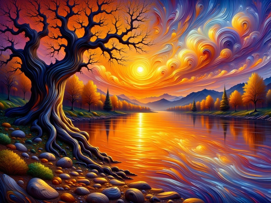 Vibrant sunset over a river with autumn scenery