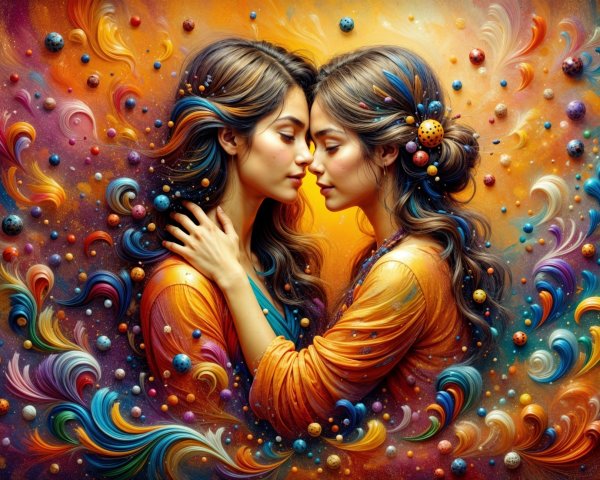 Two Women in Cosmic Abstract Colorful Background