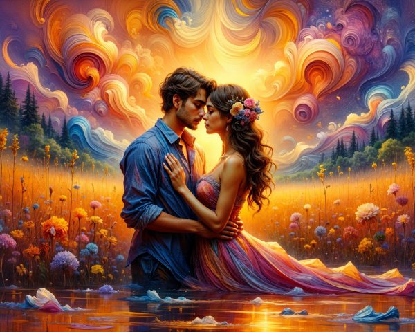 Couple in Dreamlike Landscape Surrounded by Flowers