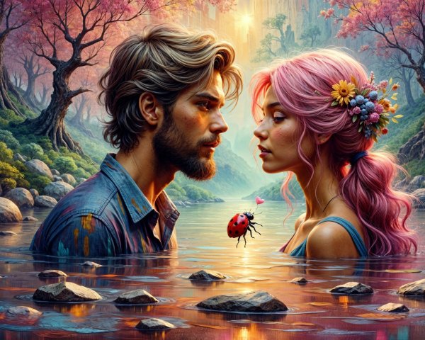 Couple in Tranquil River Surrounded by Nature's Beauty