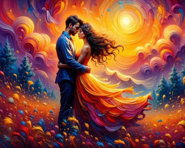 Couple Embracing in a Colorful Floral Landscape