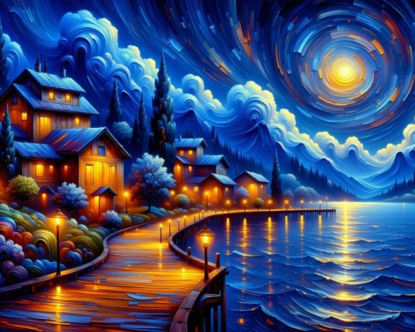 Twilight Scene of Quaint Houses by Waterway