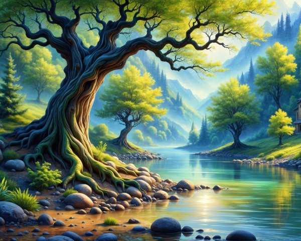Serene landscape with twisted tree and flowing river