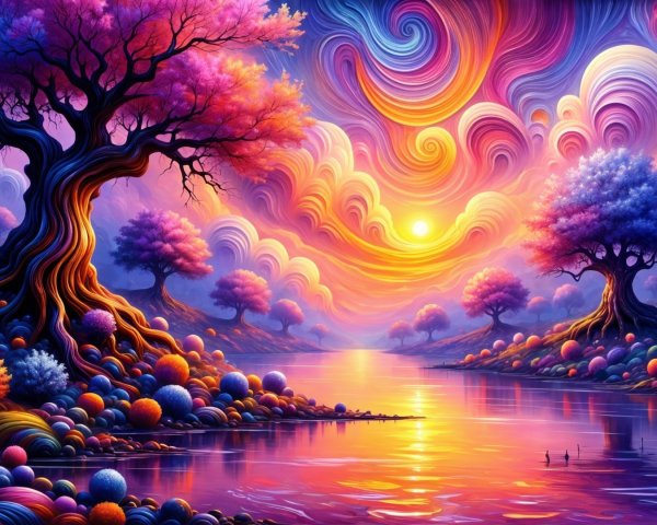 Vibrant Landscape with Colorful Sky and Serene River