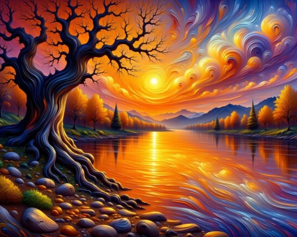 Vibrant sunset over a river with autumn scenery
