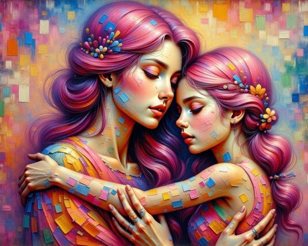 Affectionate Embrace of Two Figures with Pink Hair