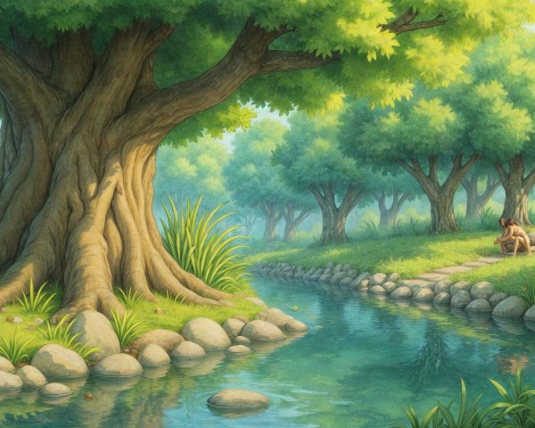 Serene Landscape with Tree and Flowing River