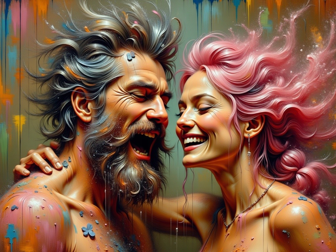 Joyful couple with colorful hair in artistic setting
