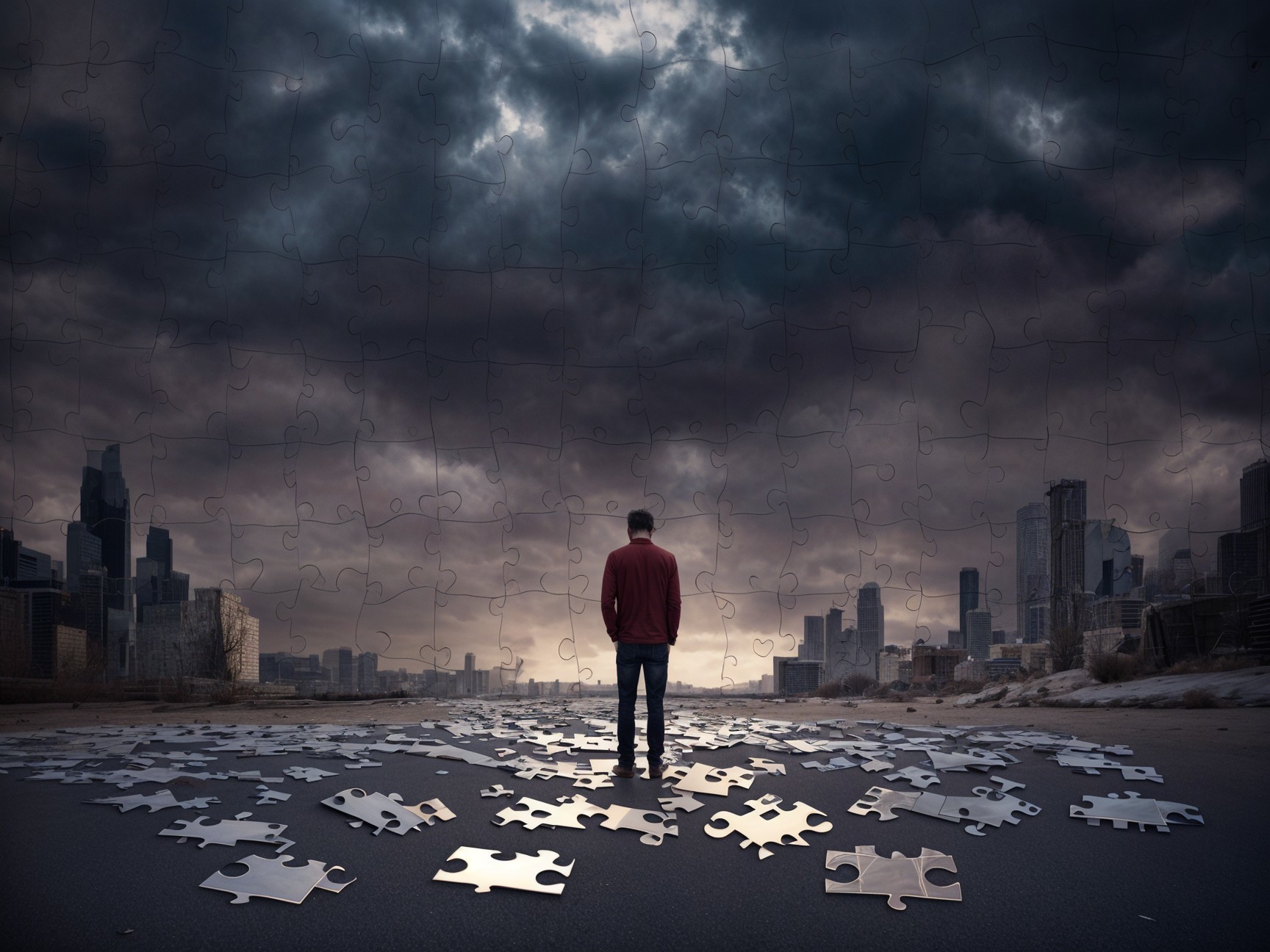 Solitary Figure in a Desolate Landscape with Puzzle Pieces