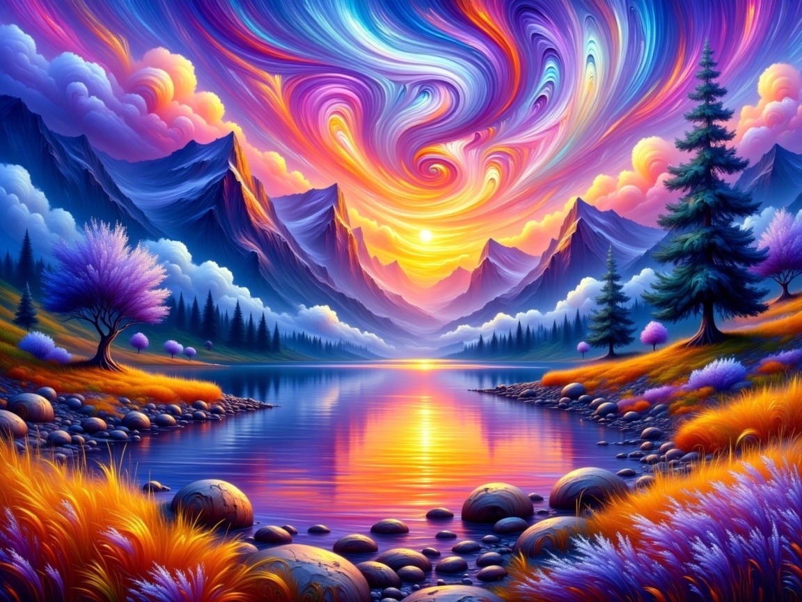 Vibrant Landscape with Colorful Clouds and Tranquil Lake