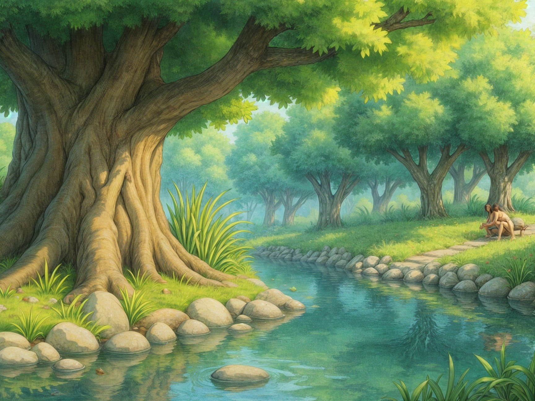 Serene Landscape with Tree and Flowing River