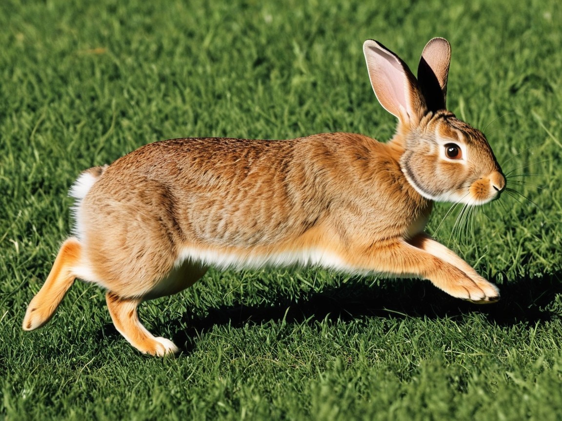 Brown Rabbit Hopping on Vibrant Green Lawn