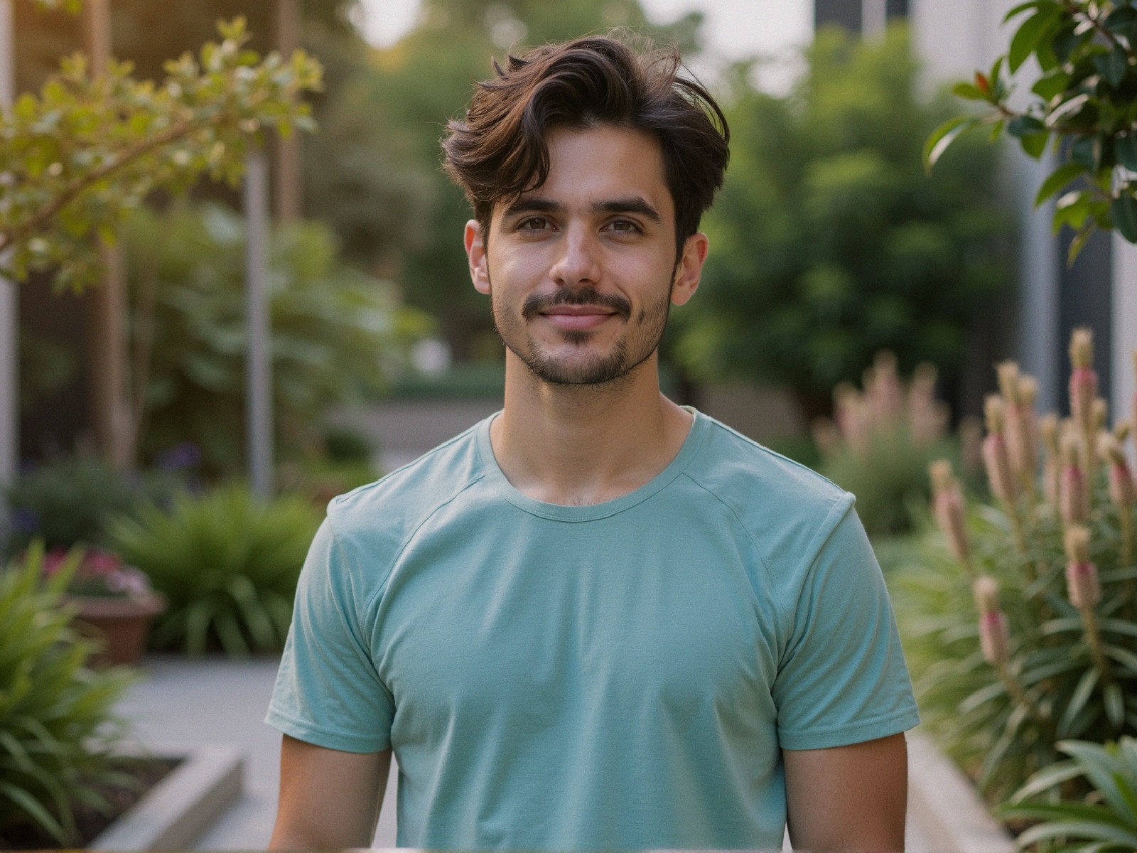 Young man in light green t-shirt amidst lush greenery