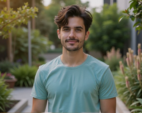Young man in light green t-shirt amidst lush greenery